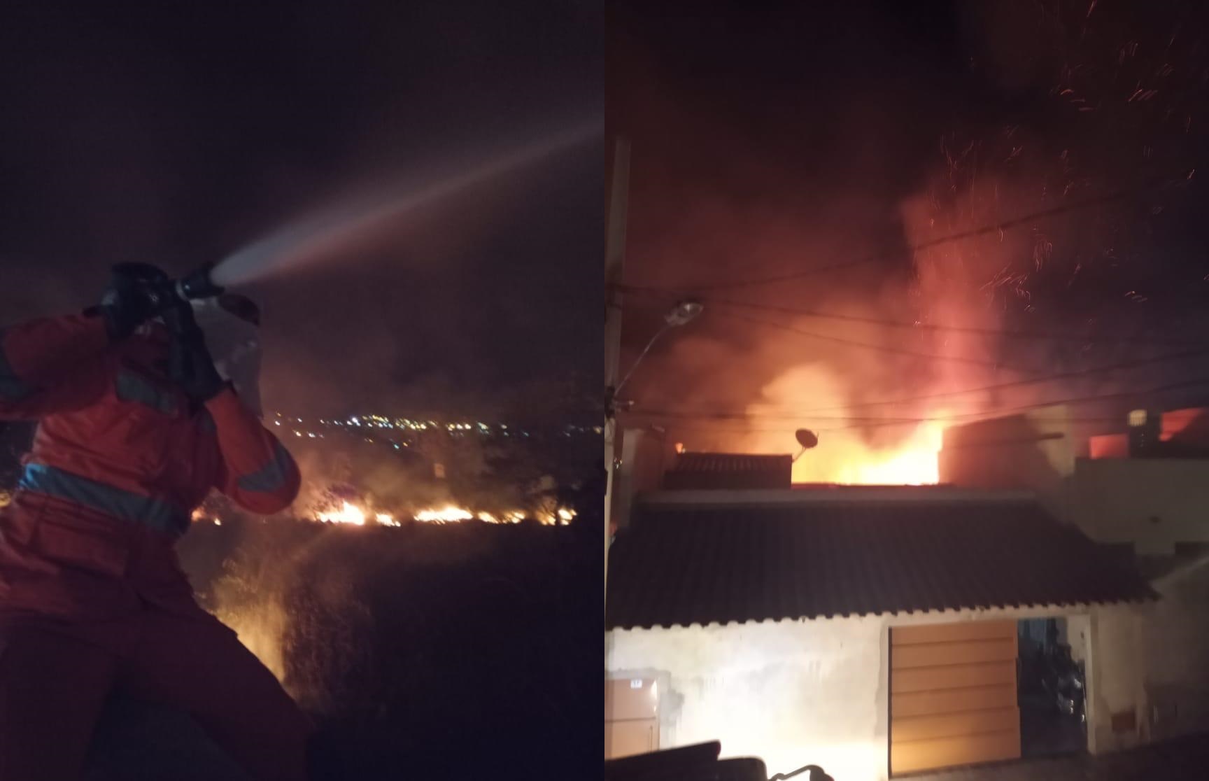 Bombeiros combatem incêndio em pastagem no Residencial Santanense, na noite de domingo (16)