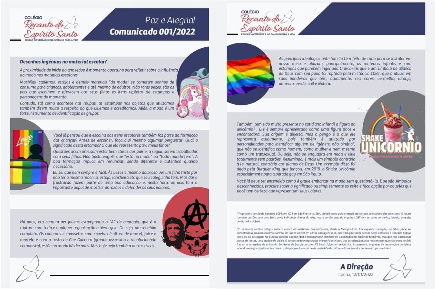 Colégio de Itaúna diz em comunicado que bandeira LGBTQIA+ e unicórnio são símbolos “anti-família”