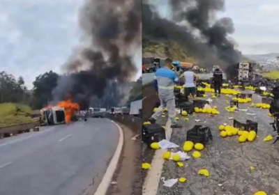 VÍDEO: Carreta carregada com melões pegou fogo após tombar na Fernão Dias
